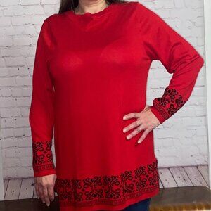 1X*Pinna Rossi*Red/Black Tunic Sweater--Design on Cuffs & Hem--Side Slits